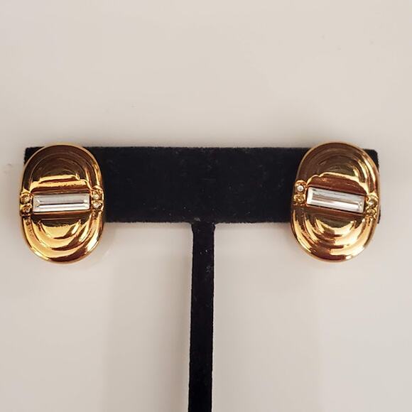 Swarovski Gold Plated Clip On Earrings with Clear Crystals Baguettes Swan Signed - Picture 1 of 7